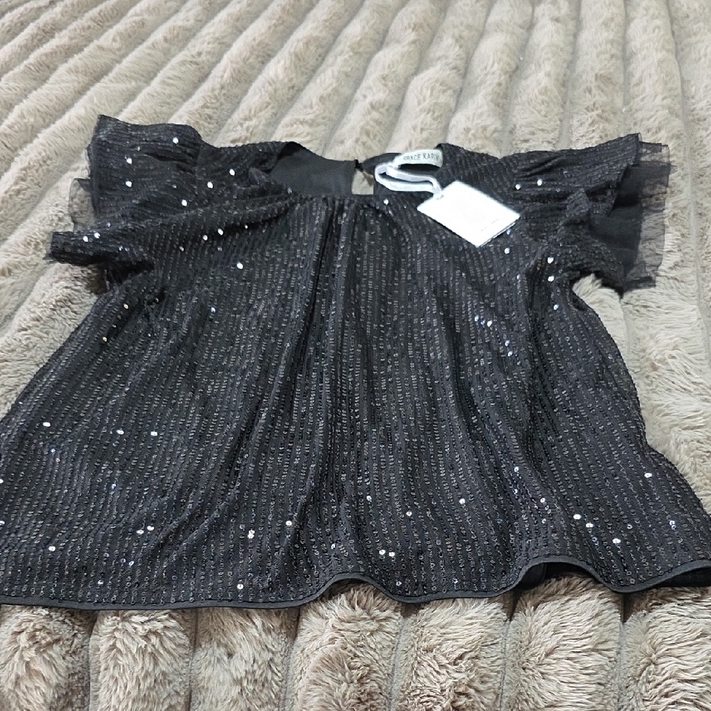 Black Sequin Short Sleeve Top Size L - Picture 9 of 12